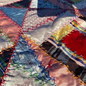 Vintage Crazy Block Quilt Twin Embroidered Blocks Approx 1940s Satin Fee…